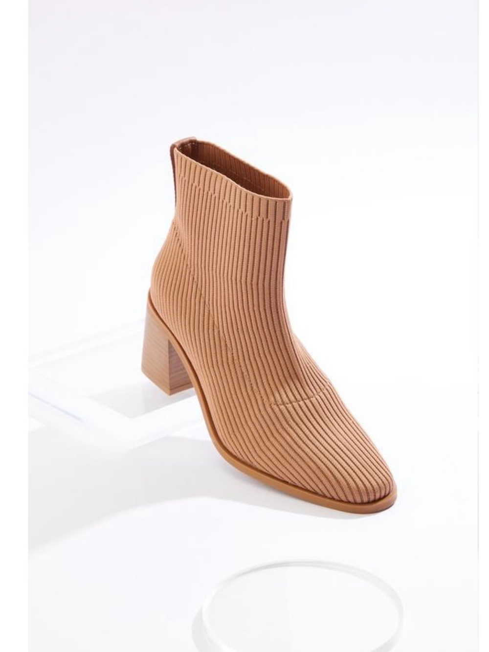 Ribbed Tan Sock Ankle Boot with Block Heel 2 7.5 inch heel